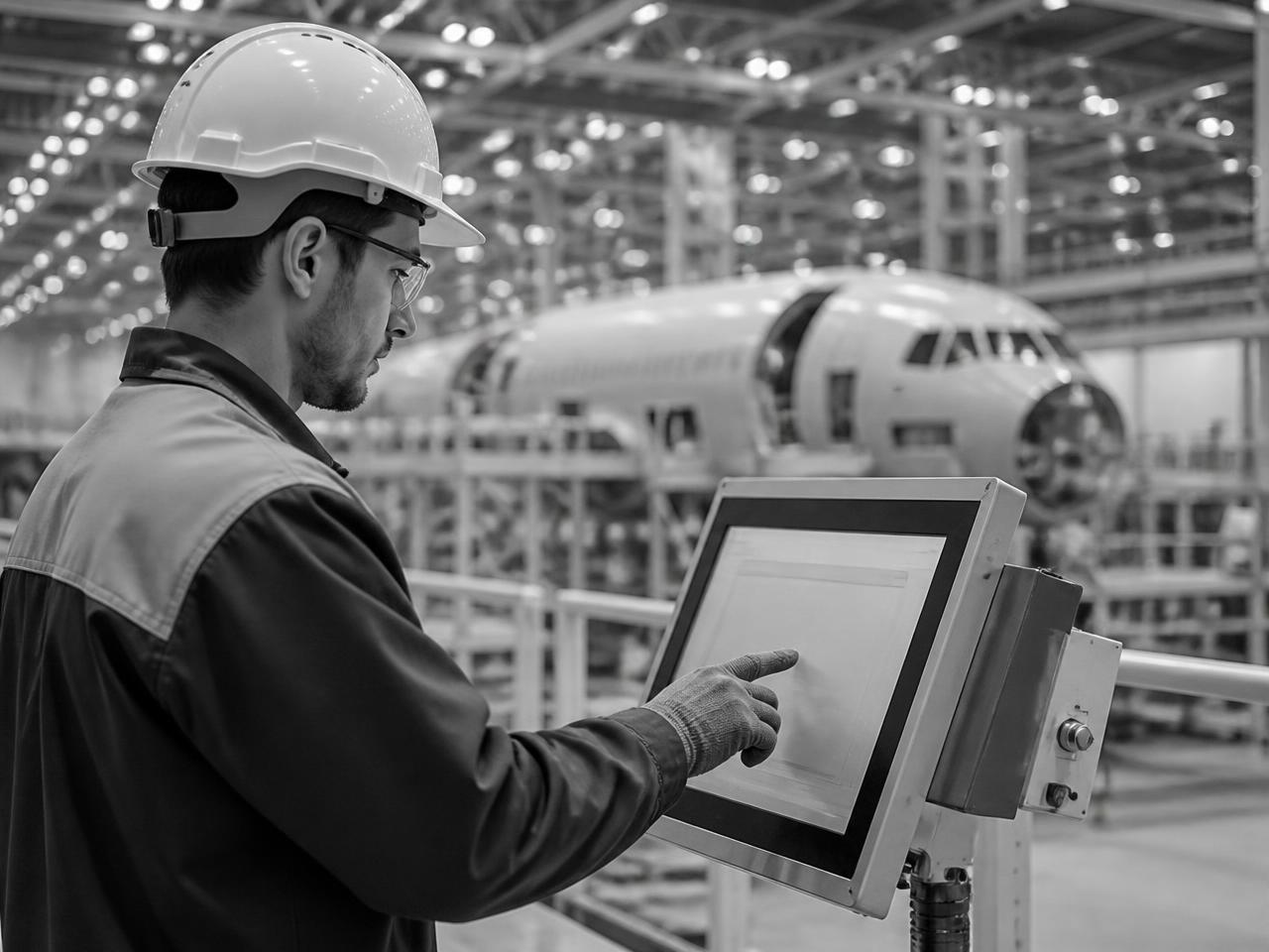 Factory worker using a production-floor terminal for safety checks