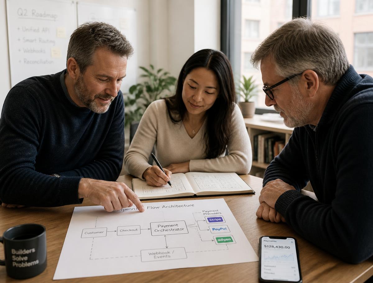 Team reviewing a payment flow architecture diagram with provider cards, wireframe notebook, and phone dashboard
