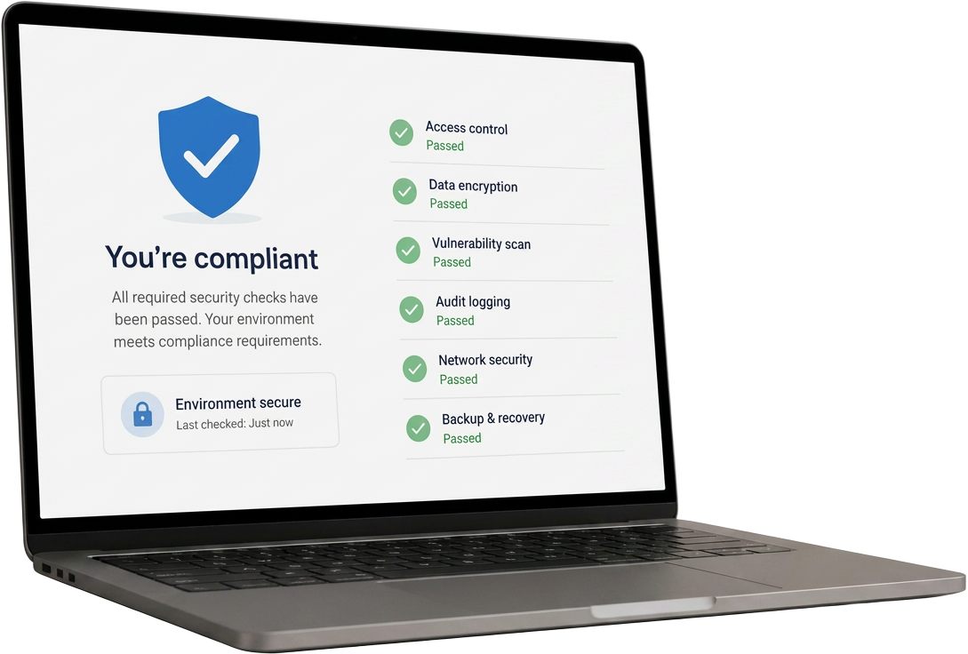 Laptop showing a compliance checklist with all security checks passed